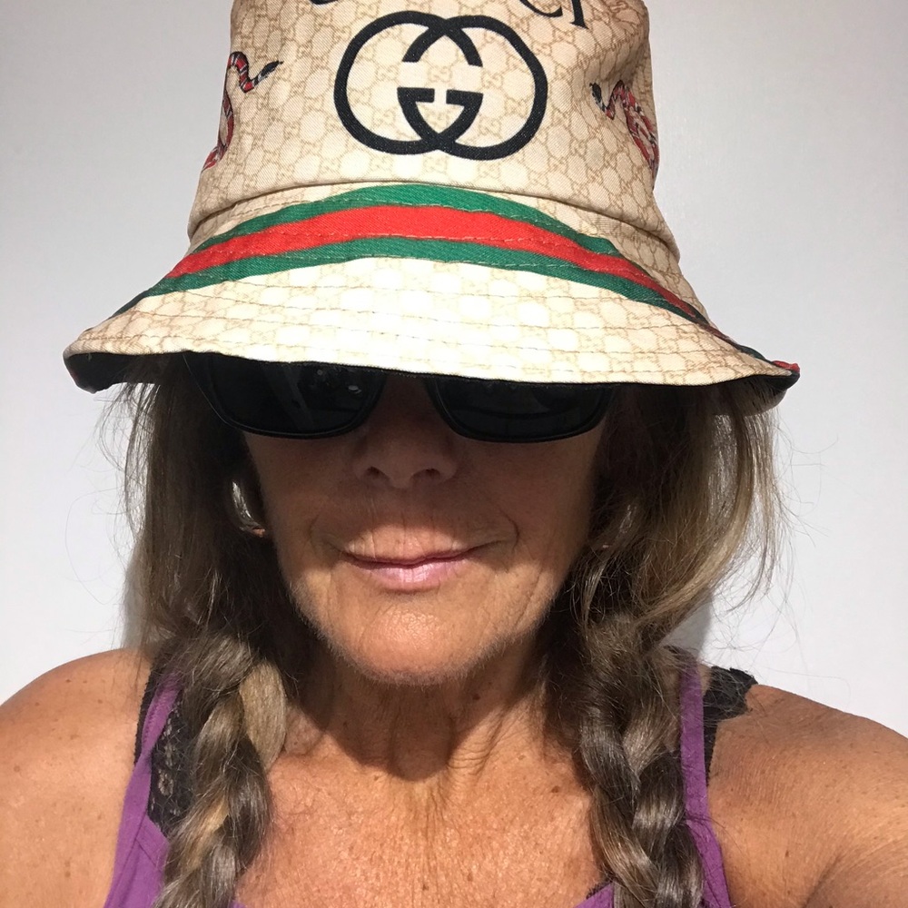 Designer Inspired GG Beige Monogram Bucket Hat with Green & Red Stripe